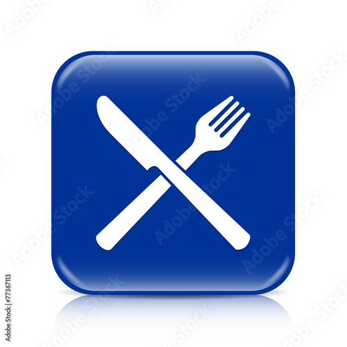 Dark blue knife and fork button icon with reflection