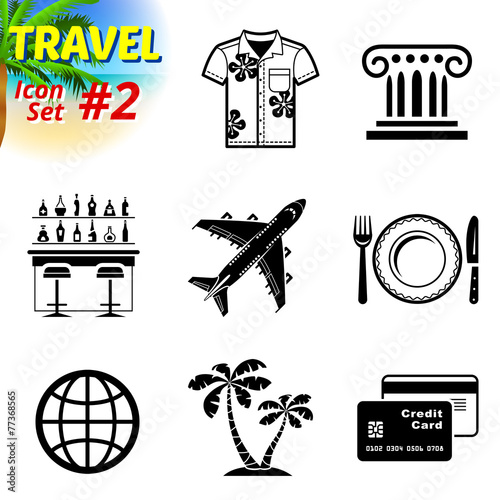 Set of black-and-white travel icons. Tourism and vacation signs