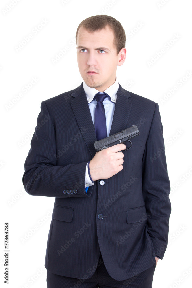 serious man in business suit with gun isolated on white serious man in business suit with gun isolated on white