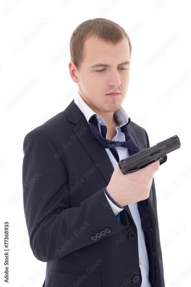 suicide concept - stressed man in business suit holding gun isol suicide concept - stressed man in business suit holding gun isol