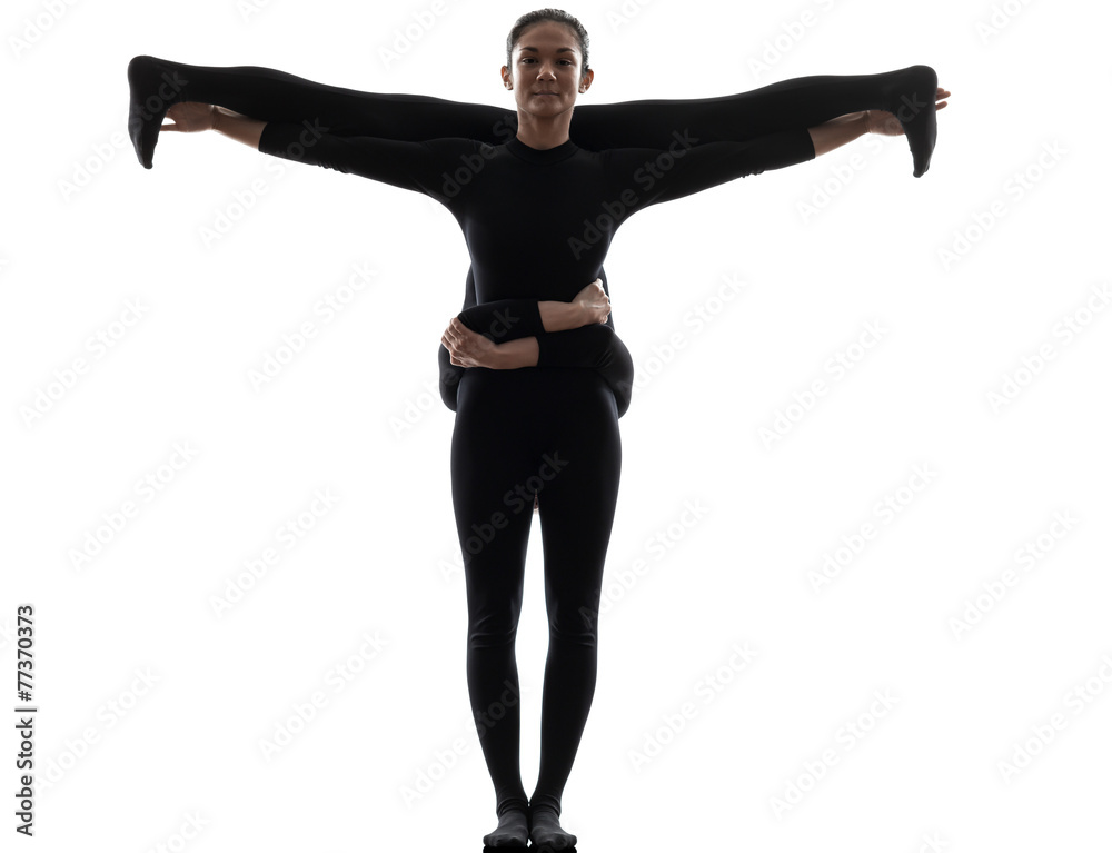 two women contortionist exercising gymnastic yoga silhouette two women contortionist exercising gymnastic yoga silhouette