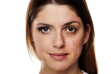 Comparison portrait of a woman without and with makeup
