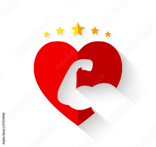 Muscular arm on heart shape with crown of stars and long shadow