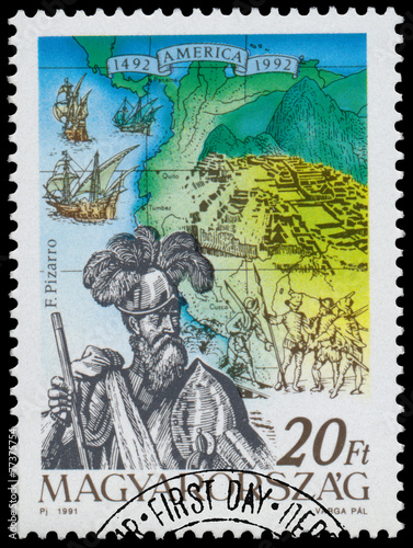 Stamp printed in Hungary shows Discovery of the New World