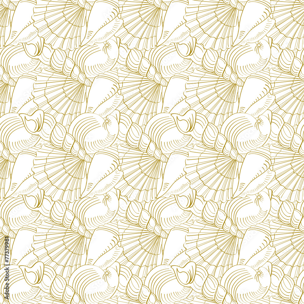 Seashells seamless pattern. Gold
