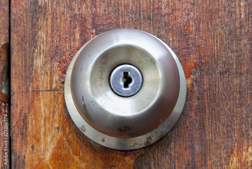 Dirty doorknob with the wooden door