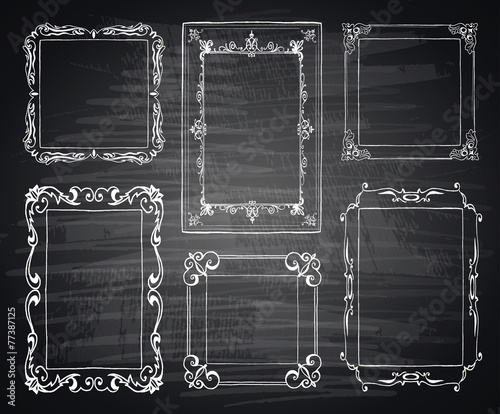 Set of chalk painted frames on a black chalkboard.