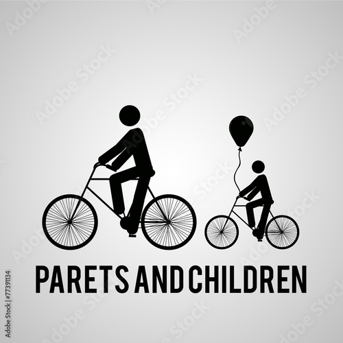 dad  and son bicycling over gray color background