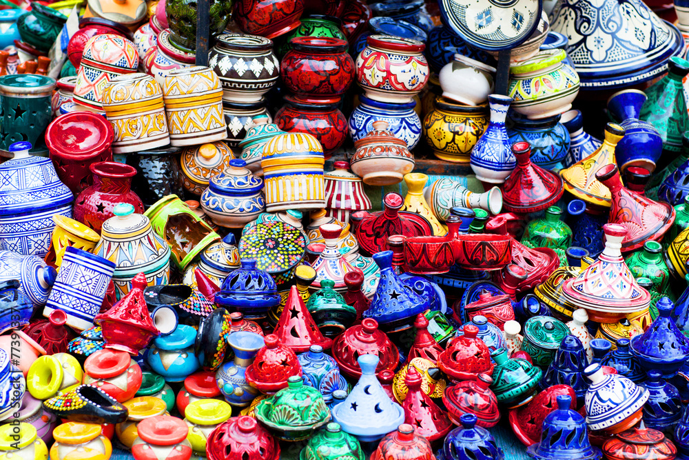 Pots and tajines in the souk of Chefchaouen, Morocco