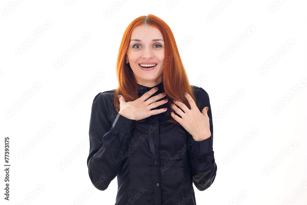 Attractive surprised woman with her hands folded on chest Attractive surprised woman with her hands folded on chest