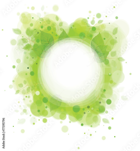 Vector frame on bokeh spring leaves  background.
