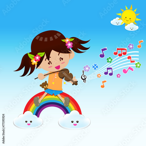 Cute Girl play music with Sun Rainbow and Cloud