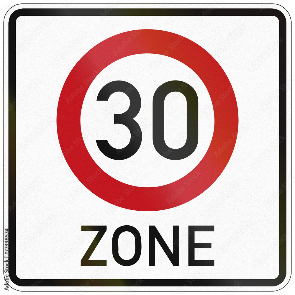 German traffic sign indicating a zone with reduced traffic and a speed limit of 30 kilometers per hour German traffic sign indicating a zone with reduced traffic and a speed limit of 30 kilometers per hour