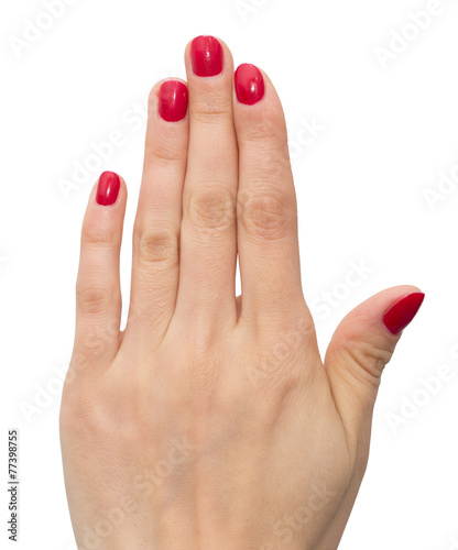 hand with red nail polish on a white background