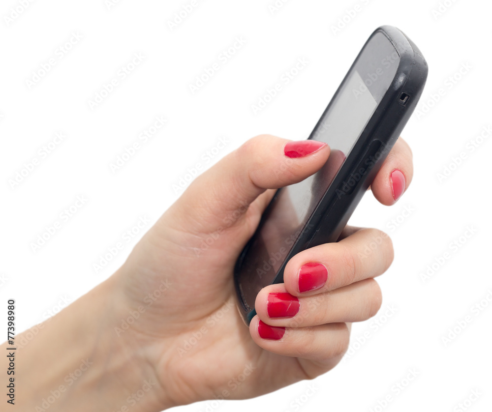  hands with red nails holding a smart phone