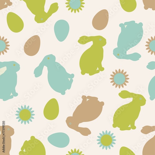 Easter seamless pattern rabbits eggs decorative flowers