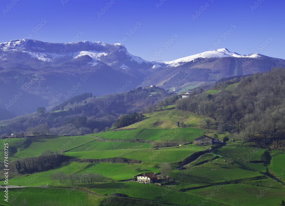 Meadows, farm, mountain snow, municipality of Elizmendi, Euskadi