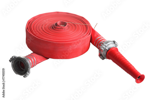 Red fire fighting hose soft pipe, Isolated on white background.