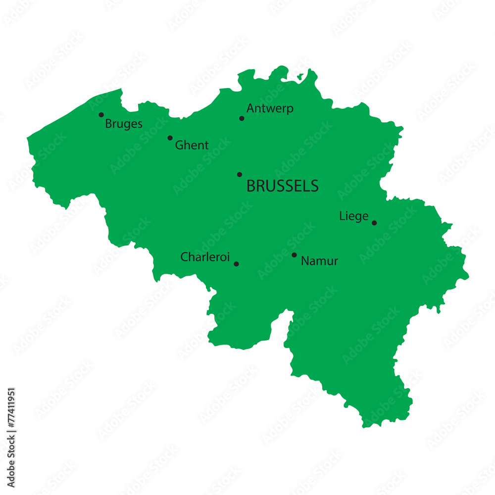 green map of Belgium with indication of the biggets cities