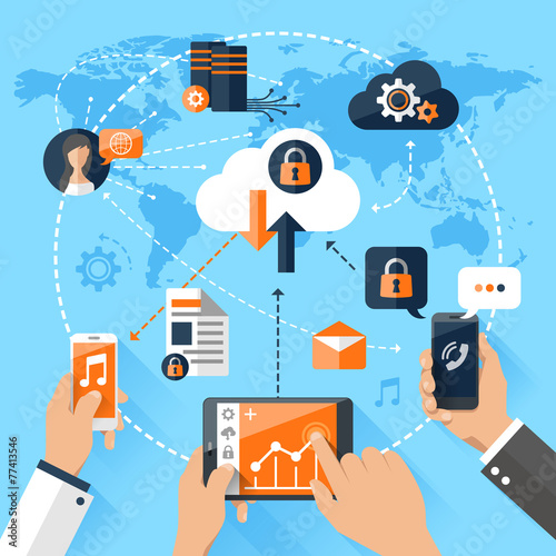 Flat vector illustration concept mobile devices connected onto a