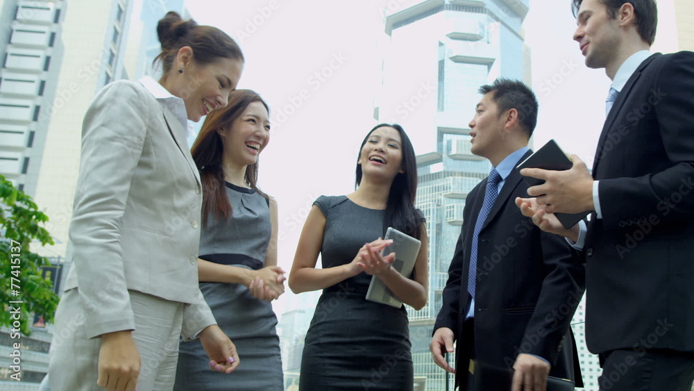 Multi Ethnic Business People Wireless Tablet Downtown Multi Ethnic Business People Wireless Tablet Downtown