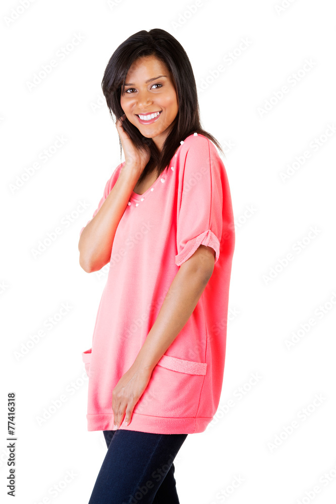 Woman posing with hand under chin Woman posing with hand under chin
