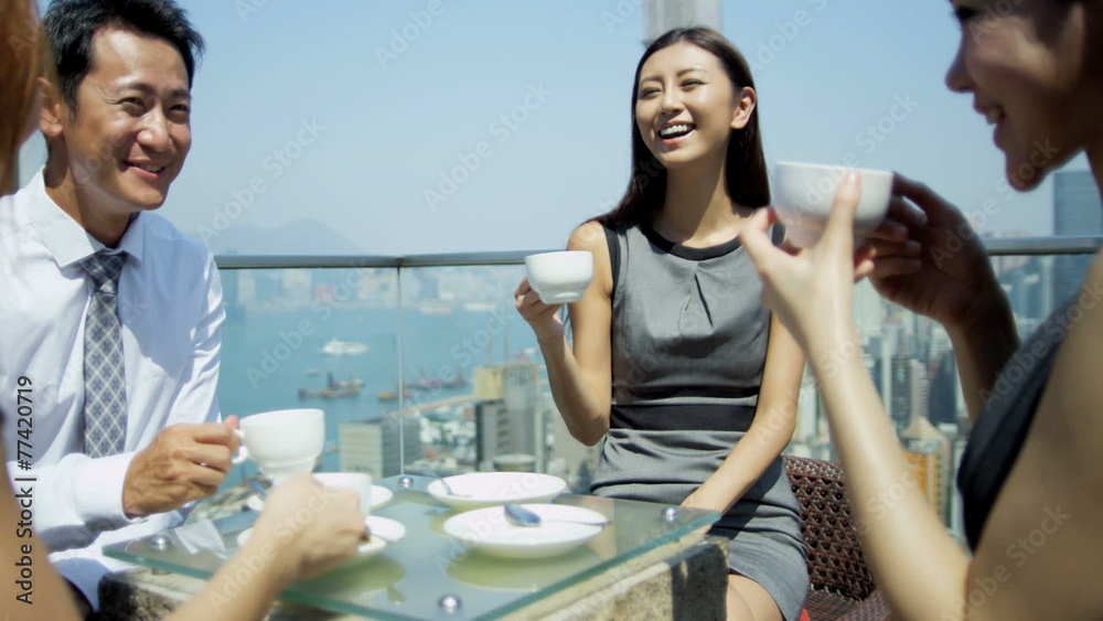Young Ethnic Business People Outdoors Rooftop Restaurant 