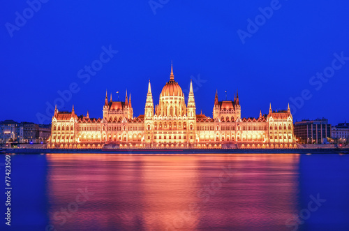 The historical building of Hungarian Parliament during the blue