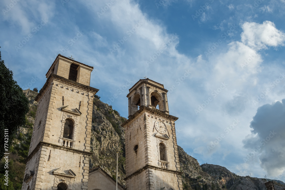 Tower with a clock in the old city of Kotor, Montenegro