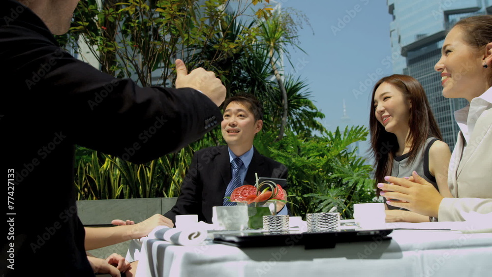 Male Female Multi Ethnic Business Colleagues Rooftop Restaurant Male Female Multi Ethnic Business Colleagues Rooftop Restaurant