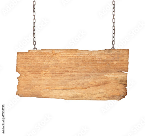 Wood sign from a chain isolated on white background.