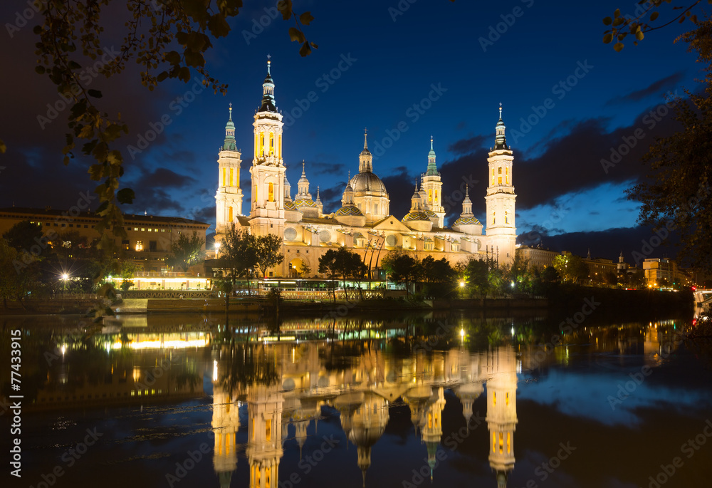 Cathedral and Ebro river in evening. Zaragoza