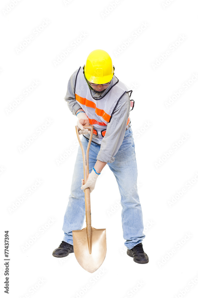 Worker digging with shovel isolated on white Worker digging with shovel isolated on white