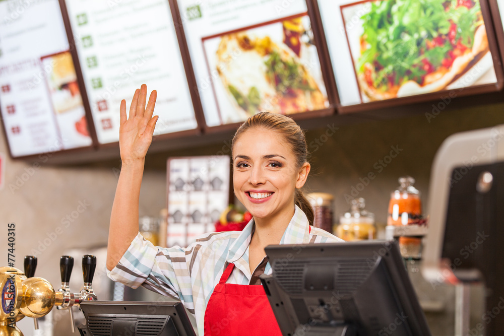 Restaurant Worker At Cashier Smiling At Work Place Stock Photo Adobe 