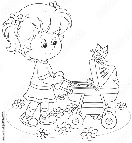 Girl with a toy baby buggy
