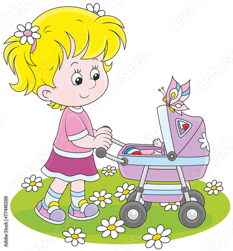 Girl with a toy baby buggy