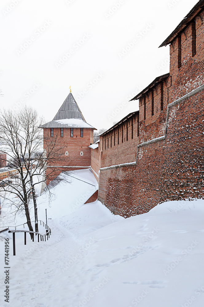 Nizhny Novgorod Kremlin wall and tower in winter