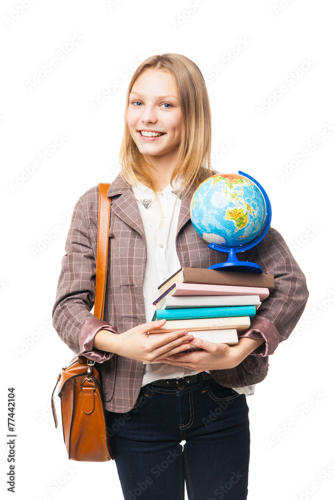 Smiling girl standing with bag, books and globe Smiling girl standing with bag, books and globe