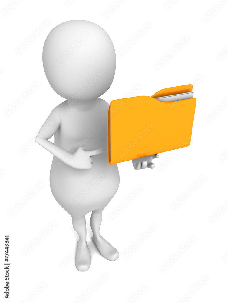 white 3d human character with yellow office document folder white 3d human character with yellow office document folder