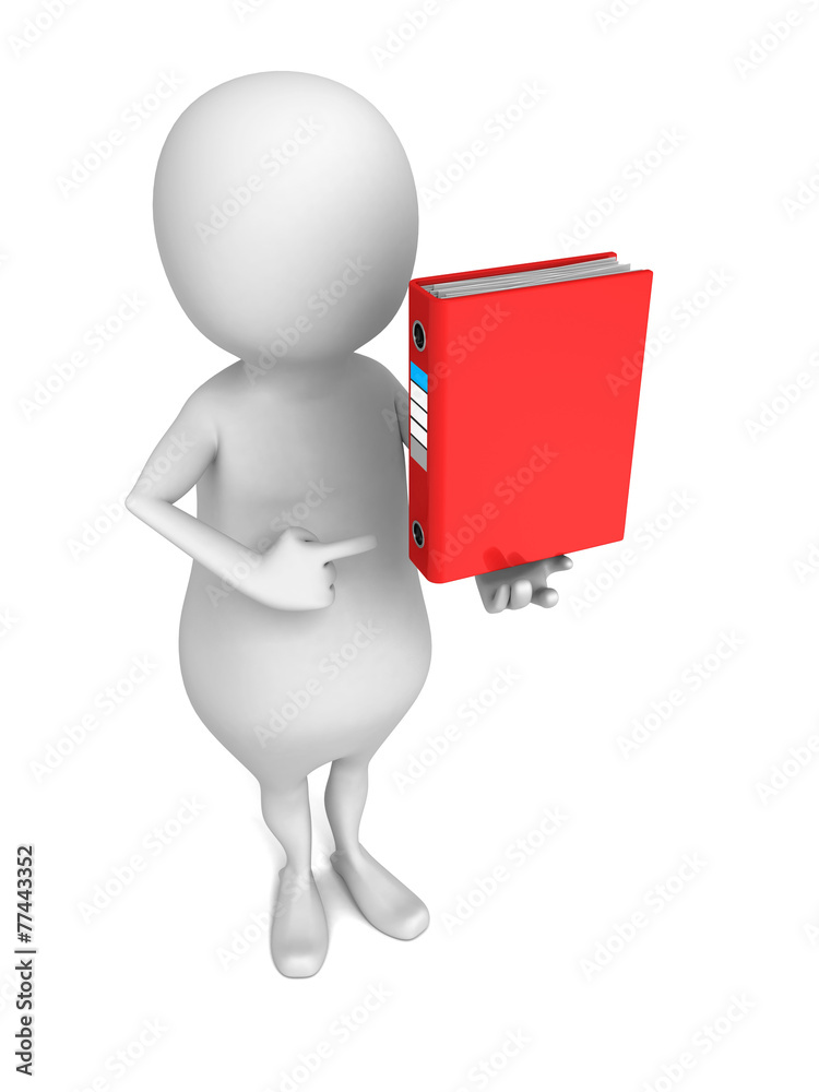 white 3d man with red office ring binder
