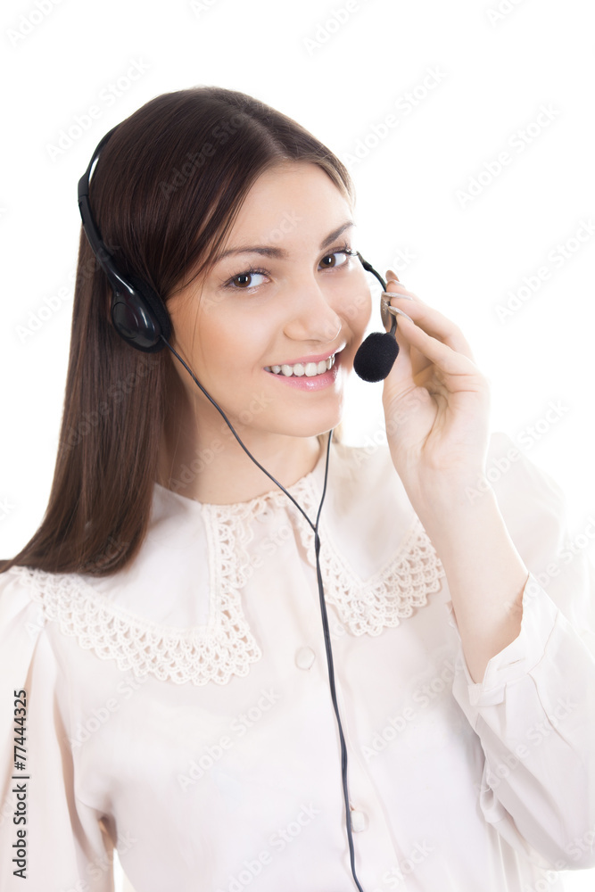 Young woman, call center operator with headset on white backgrou Young woman, call center operator with headset on white backgrou
