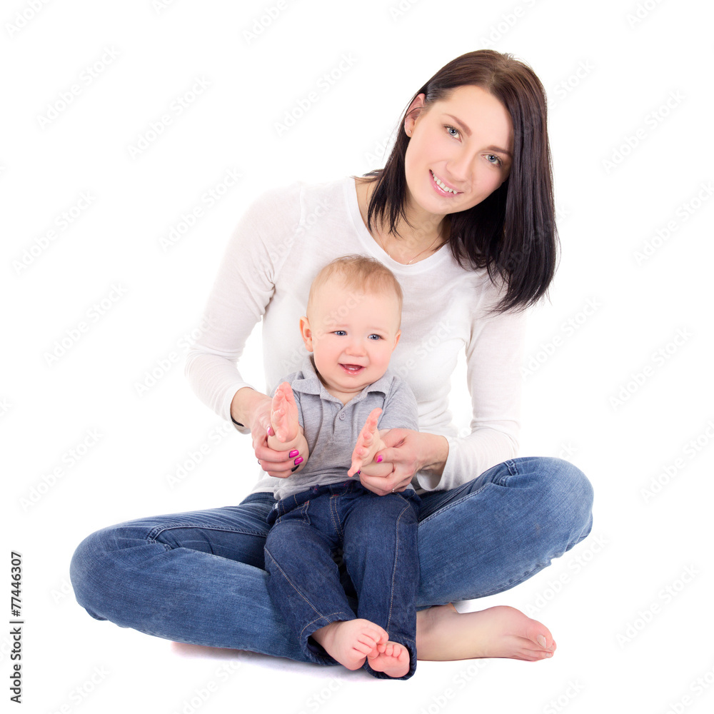 portrait of young happy woman woth her little son sitting isolat