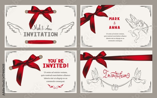 wedding invitation card with vintage red ribbons