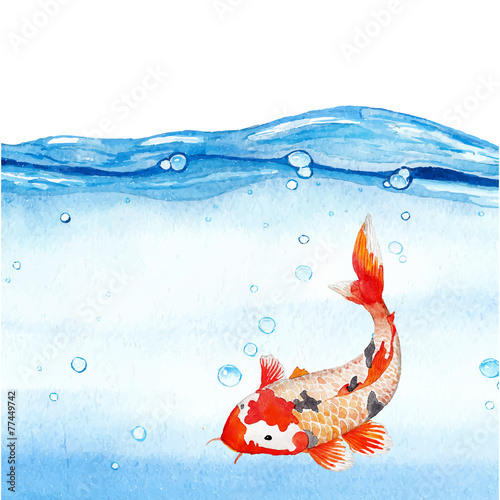 Watercolor rainbow carp under water. Hand drawn vector art.
