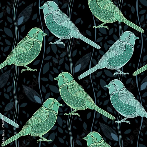 Tapety Kwiatowy wzór z ptakami. Kreskówka tło wektor.