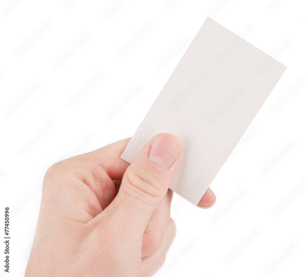 Hand holding a blank business card isolated on white Hand holding a blank business card isolated on white