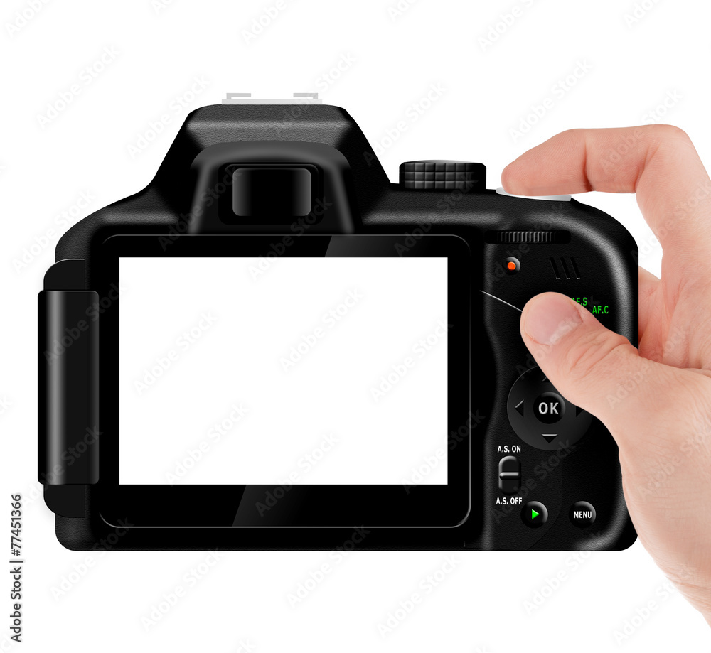 Digital SLR camera (dSLR) in hand with blank LCD screen isolated Digital SLR camera (dSLR) in hand with blank LCD screen isolated