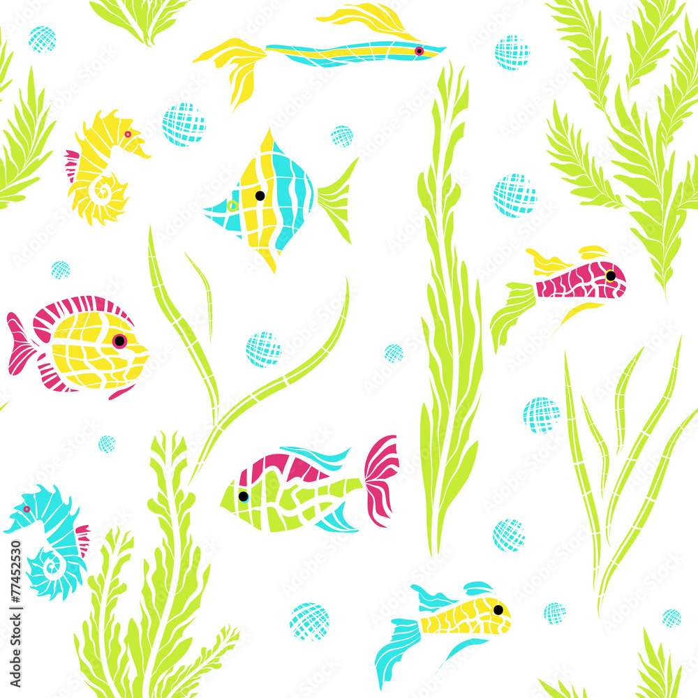 Seamless kids ocean fish illustration pattern in vector