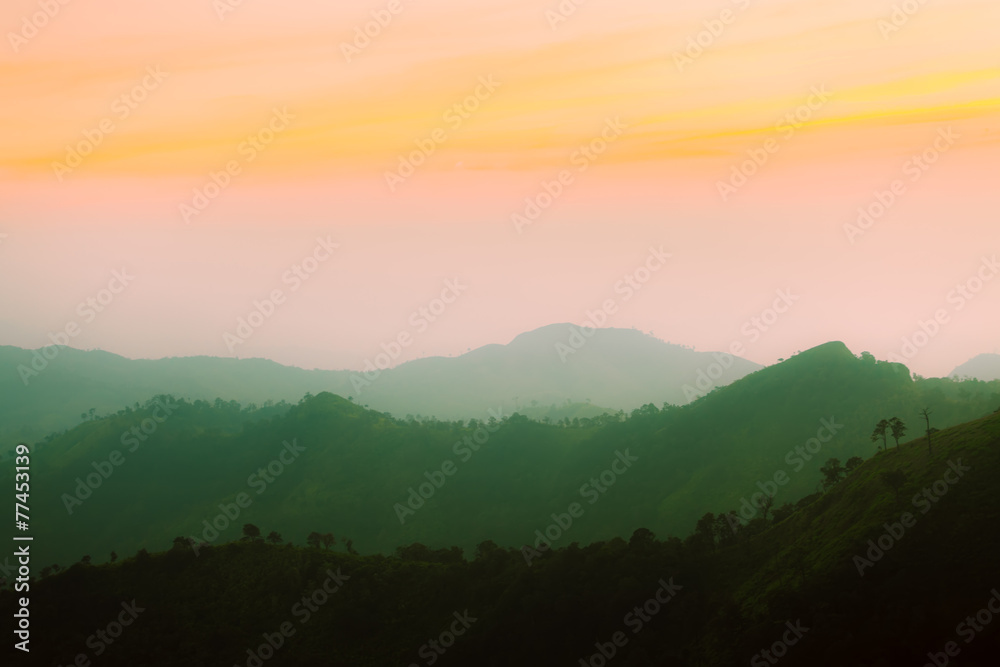 sunset mountain and layer, vintage retro concept