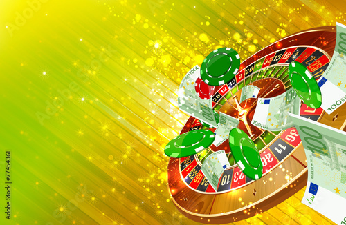 Photography Casino wheel roulette, casino chips and money floating
